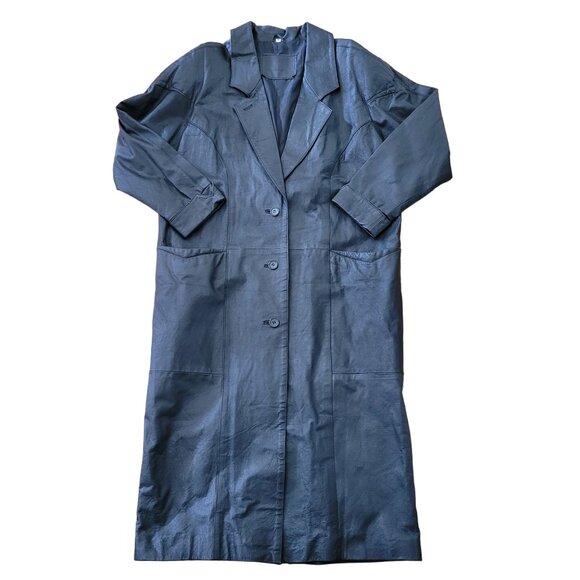 Structured Black Leather Trench Coat M Slouchy Oversized 90s Y2K Gorpcore Pocket - Picture 1 of 7